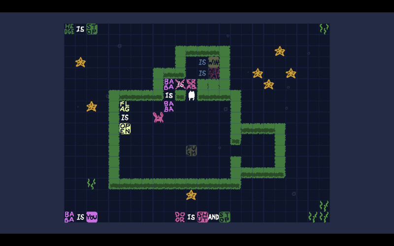 ルール変更不可のエリアに「BABA IS YOU」があるため、普通に「BABA IS CRAB」のルールを設定してしまうと、その瞬間、BABAがすべて「CRAB」になってしまい、続行不能となる。そこで「BABA IS BABA」のルールを先に設定することで、後から設定した「BABA IS CRAB」が無効になるようにすることで、「CRAB」の文字オブジェクトを奥まで運べるようになる