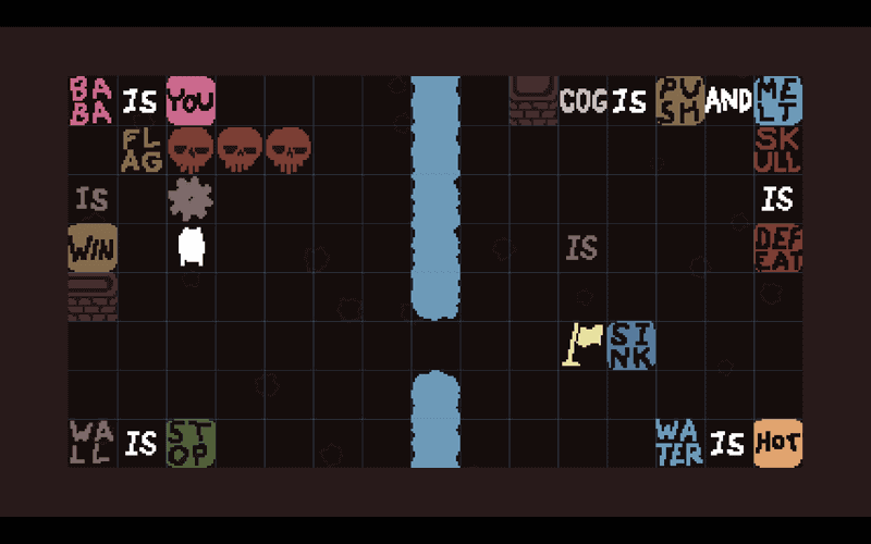 歯車のようなCOGはPUSH可能なオブジェクトだ。これを先に消滅させたいSKULLに重ねて置いてから、縦のルール追加で「COG IS SINK」を策定してやることで、COGを重ねたSKULLが消滅する。SKULLは「DEFEAT」のルールがあるため、移動したり触れることができないので、このような発想が重要になってくる