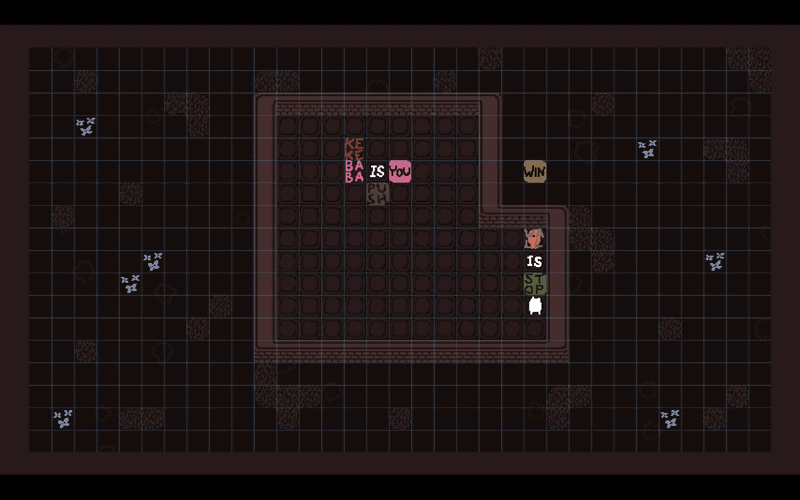 移動不可能な壁面に設置された「WALL IS STOP」のルール。これを解除するのは普通の移動では難しかったが、「BABA IS YOU」と「KEKE IS PUSH」を同時に策定して、KEKEを押して「WALL IS STOP」の文字オブジェクトに重ねるあとは「KEKE IS YOU」にルール変更することで、KEKEを動かすと「WALL」と「IS STOP」を切り離すことができるため、壁を自由に抜けられるようになる