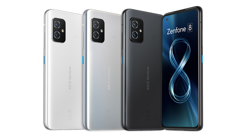 Zenfone 8(左からムーンライトホワイト、ホライゾンシルバー、オブシディアンブラック)