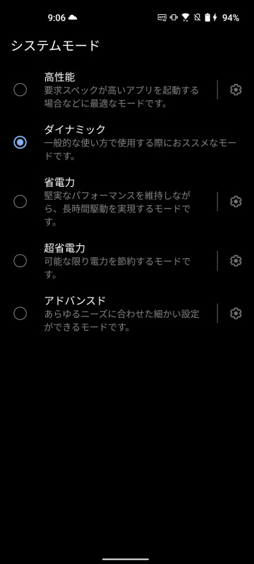 システムモード。高性能/ダイナミック(デフォルト)/省電力/超省電力/アドバンスド