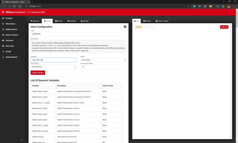 「Config」タブで、ATEM MiniのIPアドレスを入力