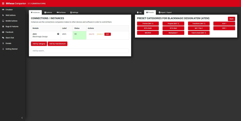 Presetsを押して表示されたCompanionが対応するATEM Miniの主なコマンド