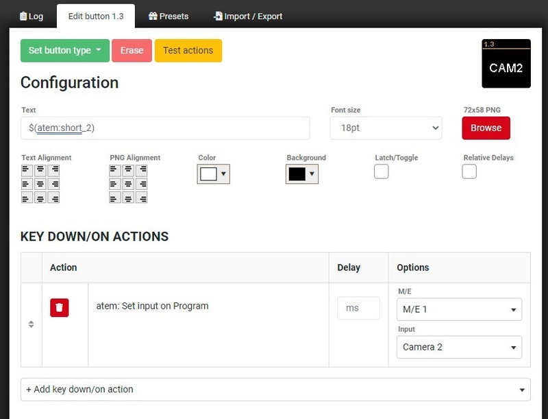 入力1(CAM1)と入力2(CAM2)のProgram表示をStream Deckのボタンに割り当てたところ