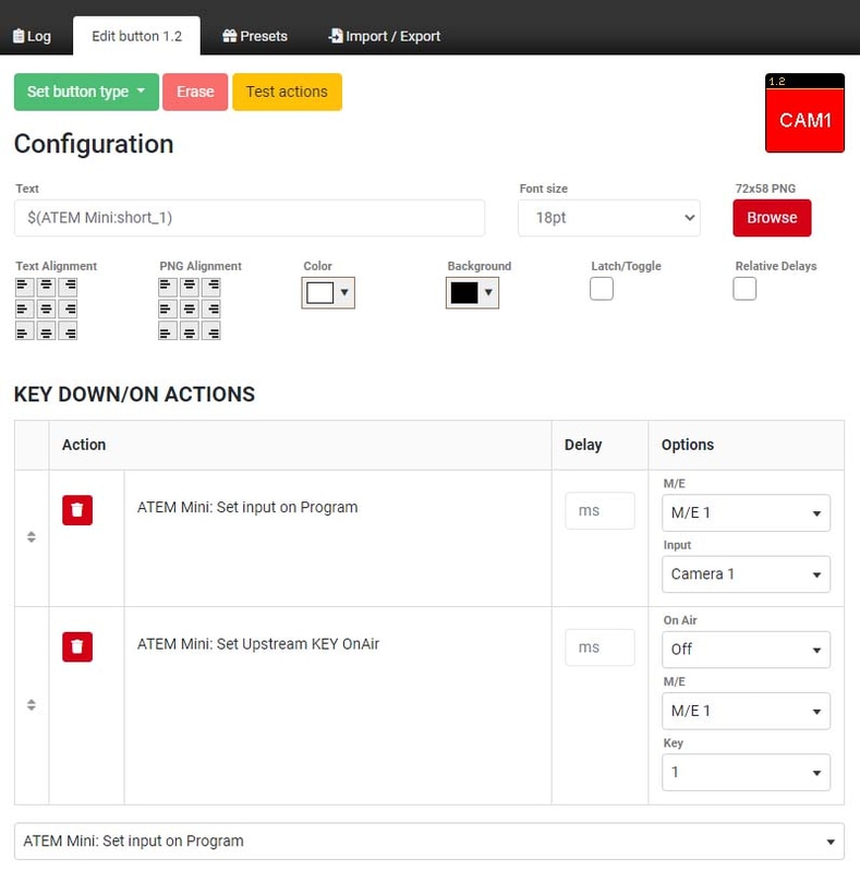 このようにデフォルトのKEY1のアクションに「Set input on Program」を追加し、「Input」として「Camera 2」を選ぶと、入力を切り替えつつPinP表示にできる
