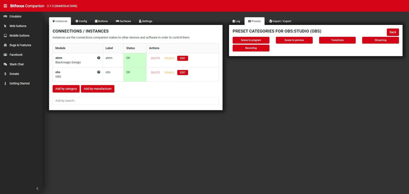 これでCompanionからOBSのシーン切り替えなども制御できる