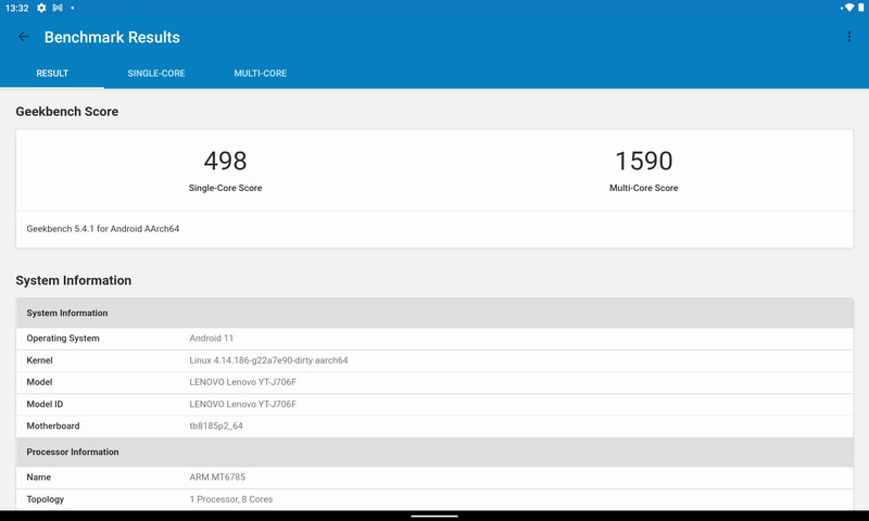 GeekBench 5.4.1(Single-core / Multi-core)。498 / 1,590(545 / 1,799)