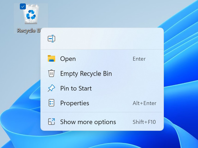ゴミ箱の新しいコンテキストメニュー