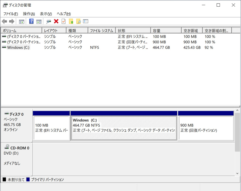 ストレージのパーティション。C:ドライブのみの1パーティションで約464GBが割り当てられている