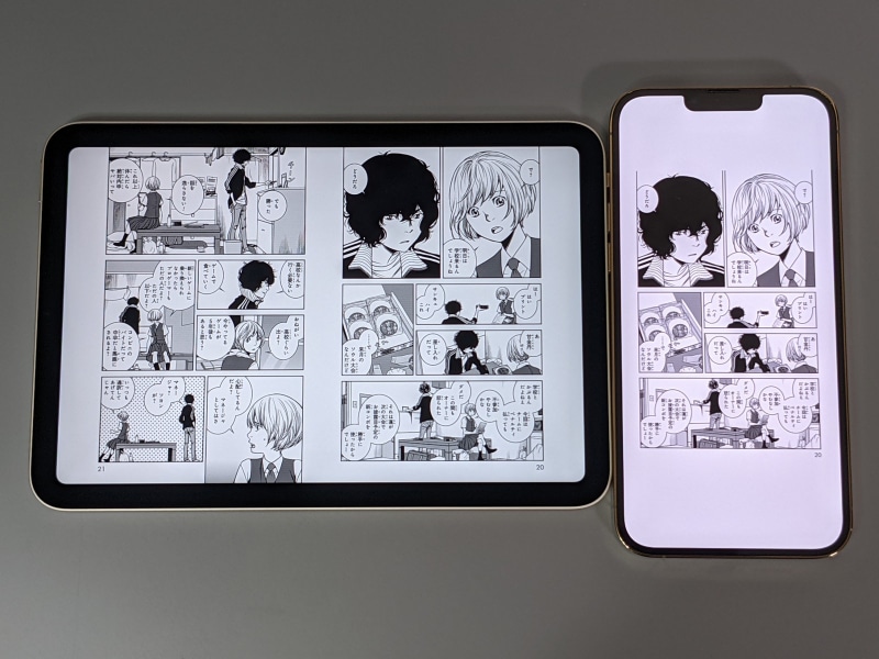 本製品のページあたりのサイズは、見開き表示にした第6世代iPad mini(左)に及ばない。想像以上に差があることに驚かされる