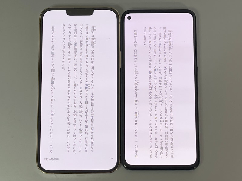 Googleの6.34型AndroidスマホPixel 5a(5G)(右)との比較。画面サイズは本製品の方が大きいが、Androidは表示の自由度がやや高いせいで、テキストなどは実質同等サイズで表示できる