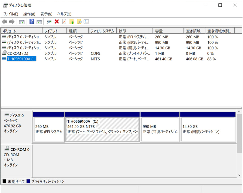 ストレージのパーティション。C:ドライブのみの1パーティションで約461GBが割り当てられている