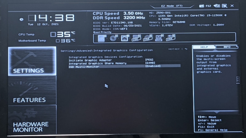 この設定はメーカー(マザーボード)次第だが、Integrated Graphics Deviceを有効(Enabled)にするよう変更。Saveして終了する
