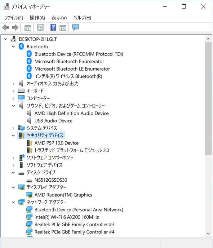 デバイスマネージャ/主要なデバイス。ストレージは「NS512GSSD530」。Gigabit EthernetはRealtek製、Wi-FiとBluetoothはIntel製