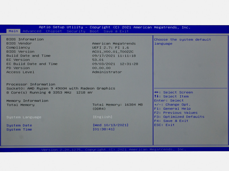 BIOS/Main。起動時[DEL]キーで表示