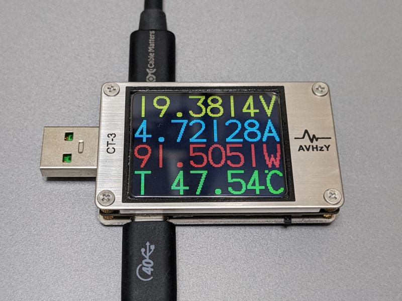 実際に供給される電力(W)はPDOにある「20V/5A」ぴったりではなく刻々と変動する。たいていはこのように若干低い値となる
