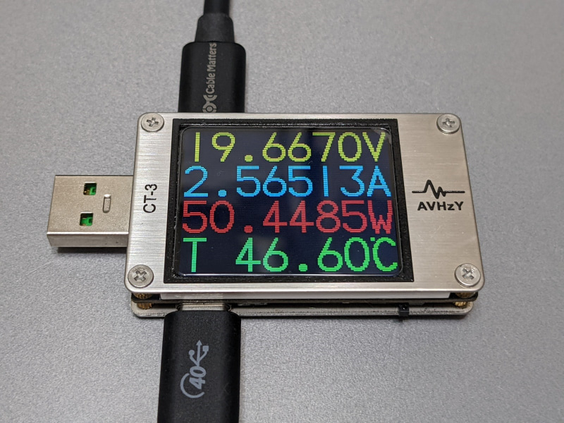 バッテリの残量がある程度回復すると電流(A)が下がり、供給される電力(W)が低下する。最終的には電圧(V)はほぼこのままで電流(A)がゼロになる