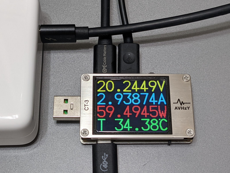 Apple 96Wアダプタでの計測結果。「20V/3A」のPDOが選択され、実効59W前後で充電が行なわれる