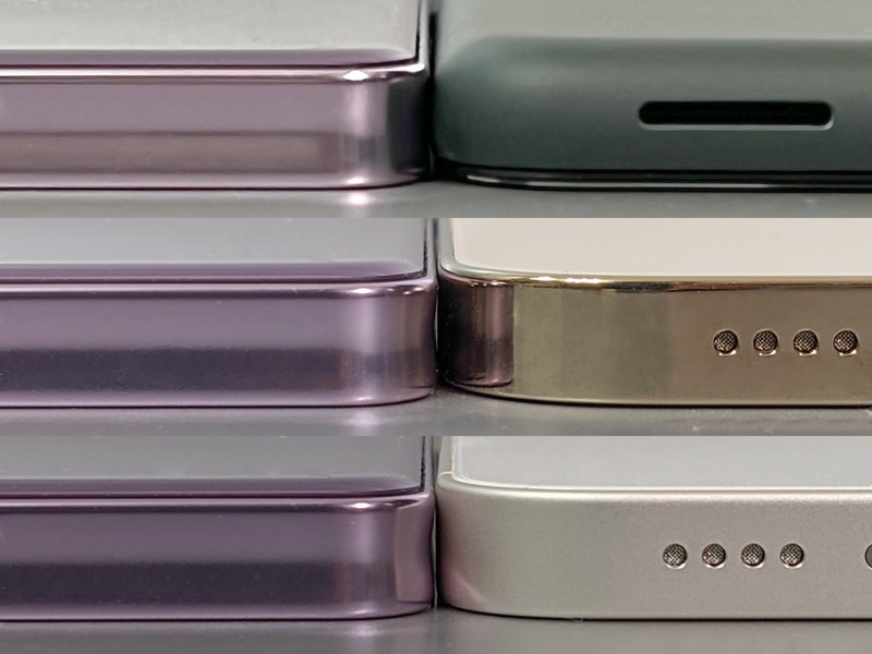 厚みの比較。左がいずれも本製品、右は上からPixel 5a、iPhone 13 Pro Max、iPhone 13 mini。じゅうぶんに薄型の部類に入る