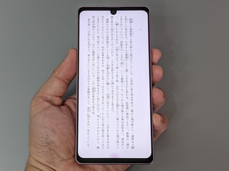 テキストを表示したところ。上の端がかなりカメラに近接したところまで配置される。これは「コンテンツ表示設定」がオンの状態で楽天Koboアプリを使った場合の仕様(後述)