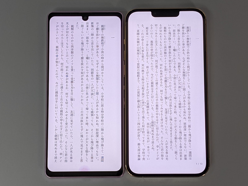 iPhone 13 Pro Max(右)は本製品よりも画面が一回り大きく、それゆえ表示にも余裕がある
