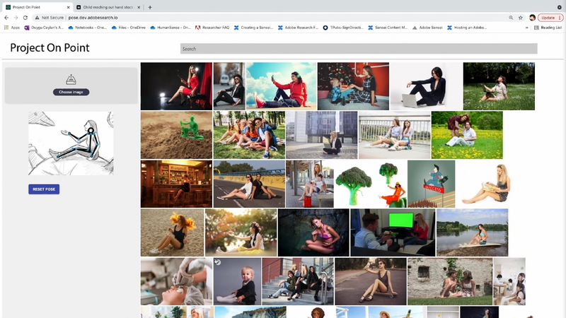 Project On Point。推定したポーズは検索画面にも棒画線として現れ、パーツを動かせば検索結果もそれに応じて変化する