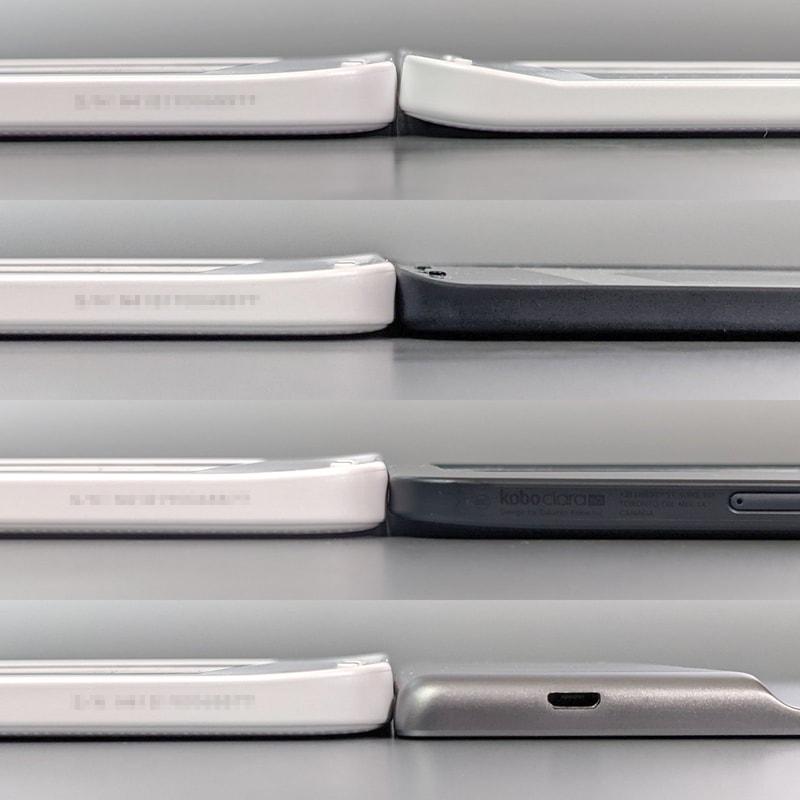 他製品との厚みの比較。いずれも左が本製品、右は上から、Kobo Libra H2O、Kobo Sage、Kobo Clara HD、Kindle Oasis