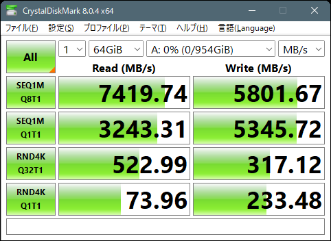 CrystalDiskMark、ブロックサイズ64GiBのNM800の結果