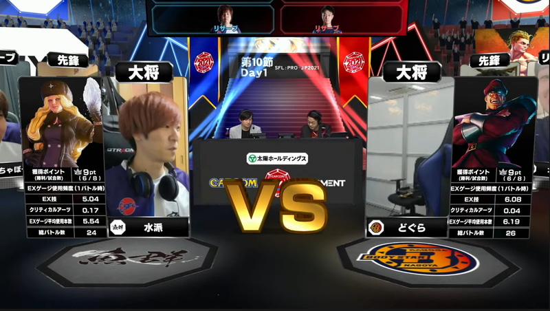 対戦前の2人のSTATS。今節の試合前のSTATSではここまでのポイント獲得数やEXゲージの使用頻度が表示される。水派もどぐらもともに9ポイント稼ぐチームのポイントゲッター同士の大将戦となった
