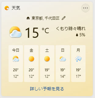 指定した地域の天気、気温、降水確率などを表示できる