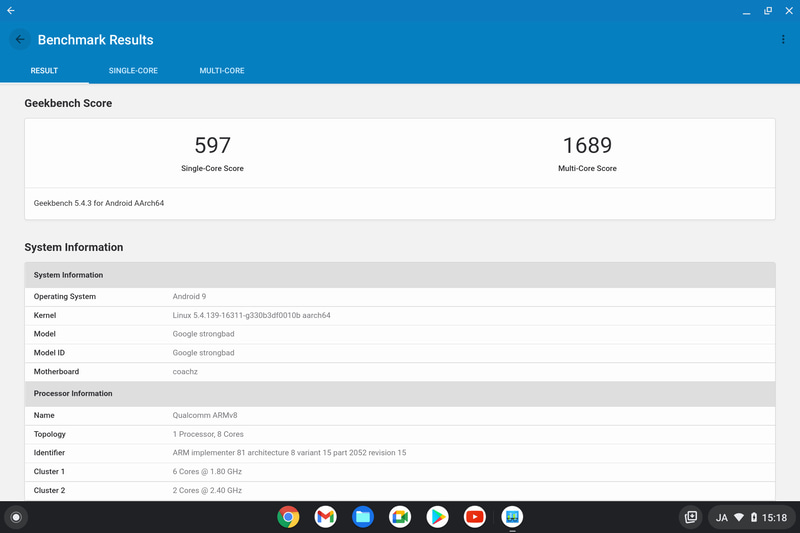 GeekBench(1/2)。Single Core 597、Multi Core 1,689