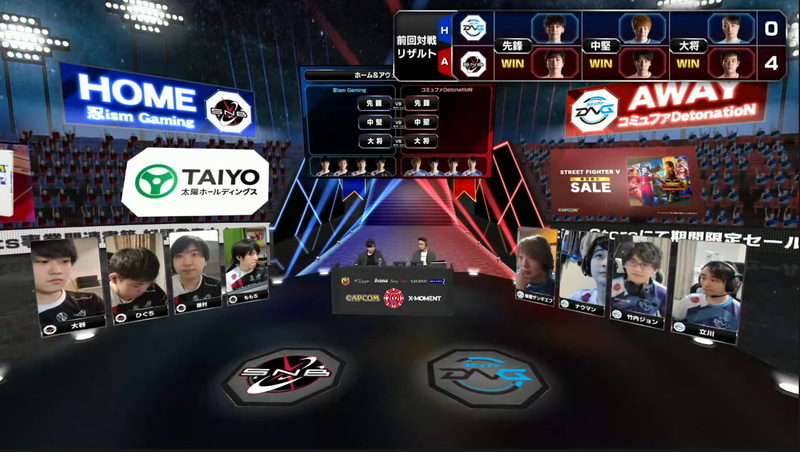 前回第3節の対戦成績は、先鋒戦が藤村キャミィが竹内ジョンコーディに勝利、中堅戦はももちあきらが板ザンアビゲイルに勝利、大将戦はひぐちガイルが立川春麗に勝利、忍ism Gamingが4-0で勝利した