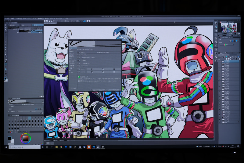 漫画・イラスト作成では標準ツール的存在のCLIP STUDIO。27型の4K解像度であれば、多くのツールを表示しながらでも作業エリアに余裕がある
