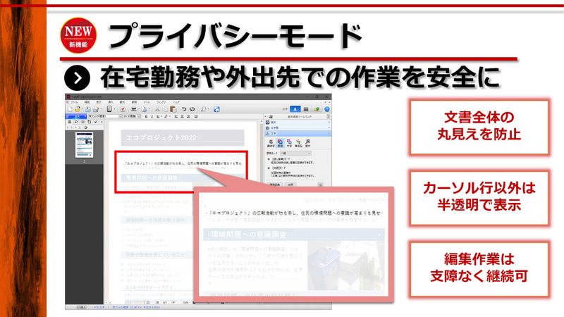 プライバシーモードにより、公共の場などで覗き見による情報漏えいを防げる