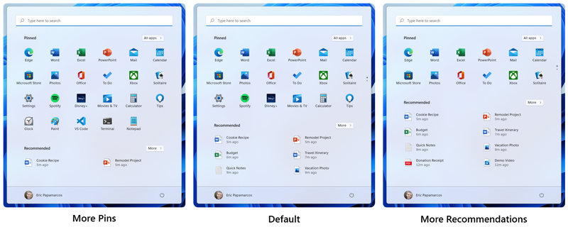スタートメニューのピン留めの多少を選択できる