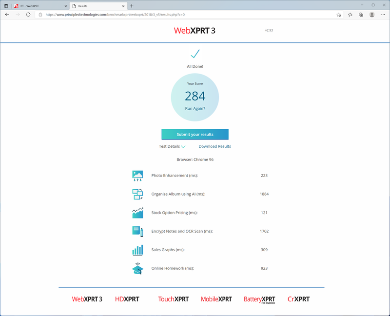WebXPRT 3のスコアは「284」。HVCI無効時と変化なし