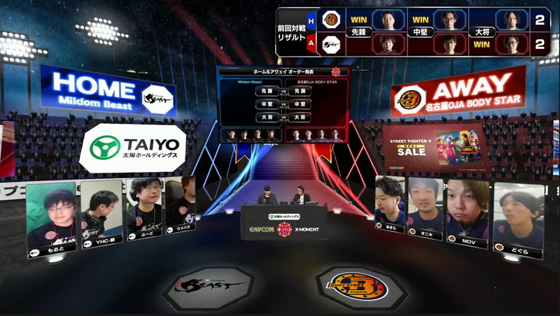 前回の対戦では先鋒戦がウメハラガイルとあきらキャミィであきらキャミィ勝利、中堅戦がYHC-餅ダルシムとどぐらベガでどぐらベガ勝利、大将戦がMOV春麗とふ～どミカで、途中からキャラクターをポイズンに変更したふ～どポイズンが勝利し、2-2のドローとなった