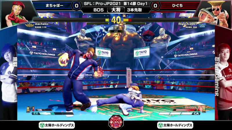 ひぐちガイルの巧みな攻めで体力ゲージを不利に追い込まれても、果敢に攻めるまちゃぼーキャミィの攻めが冴え、試合の展開は五分五分ながら勝ちはまちゃぼーキャミィが取る状況が続く