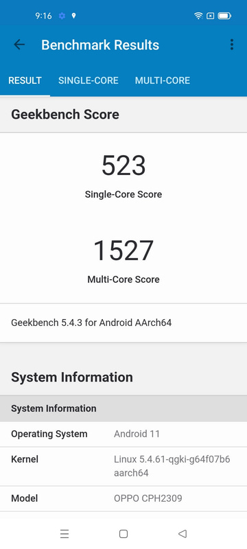 GeekBench 5(Single-core/Multi-core)は523/1,527