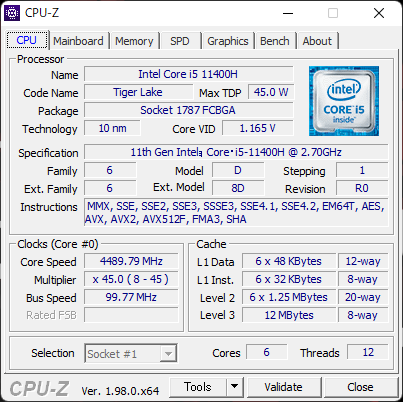 CPUの「Core i5-11400H」。Tiger Lake-Hベースの6コア12スレッドCPU