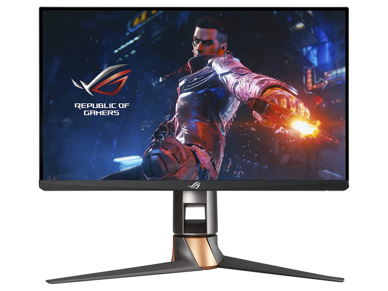 店頭価格：8万1,000円前後●パネル：24.5型IPS●解像度：1,920×1,080ドット●表面処理：非光沢●リフレッシュレート：360Hz●応答速度：1ms(中間色)●VRR：G-SYNC●輝度：400cd/平方m●コントラスト比：1,000:1●表示色：約1,670万色●HDR：HDR10●視野角：上下/左右178度●インターフェイス：HDMI×1、DisplayPort×1、ヘッドフォン端子×1、USB×2●スピーカー：なし●サイズ：557×379～499×247mm●重量：約7.1kg