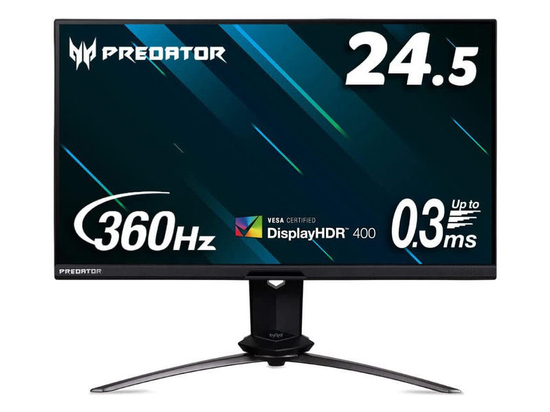 店頭価格：8万8,000円前後●パネル：24.5型IPS●解像度：1,920×1,080ドット●表面処理：非光沢●リフレッシュレート：360Hz●応答速度：0.3ms(中間色) ※オーバードライブ時1ms●VRR：G-SYNC●輝度：400cd/平方m●コントラスト比：1,000:1●表示色：約1,670万色●HDR：DisplayHDR 400●視野角：上下/左右178度●インターフェイス：HDMI×2、DisplayPort×1、ヘッドフォン端子×1、USB×4(うち1基はPC接続用)●スピーカー：2W×2●サイズ：557×411～507×236mm●重量：約5.88kg