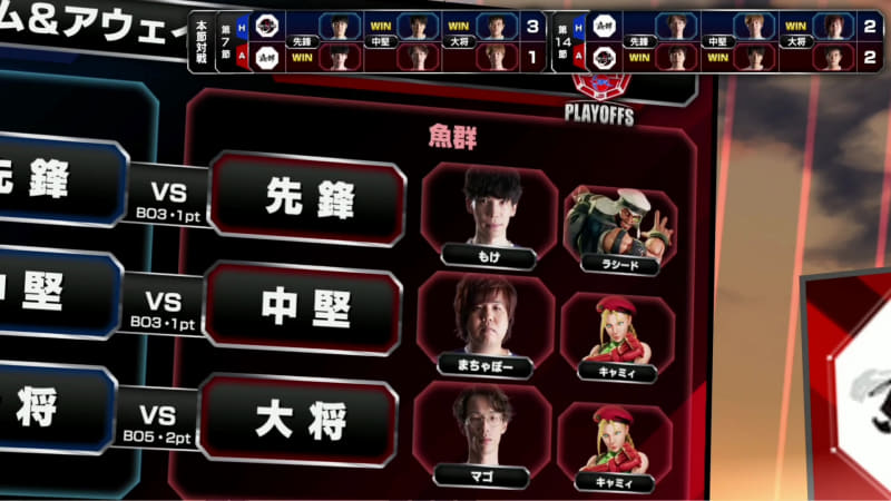 アウェイ魚群の事前オーダーは先鋒がもけのラシード、中堅はまちゃぼーのキャミィ、大将はマゴのキャミィ、リザーブは水派だ