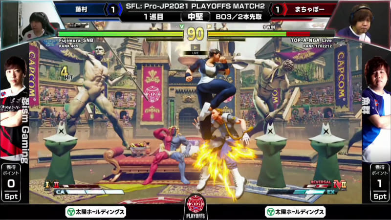 まちゃぼーキャミィと互角の勝負を展開する藤村春麗が最後は連携を見事に決めて中堅戦を勝利した