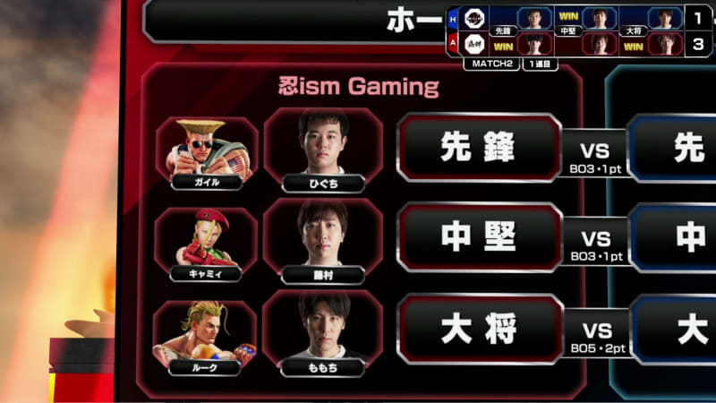 魚群がリードする形で迎えたアウェイの忍ism Gaming。事前オーダーは先鋒がひぐちのガイル、中堅が藤村のキャミィ、大将はももちのルークとなり、藤村がキャミィにキャラを変更したほかは同じオーダーで挑む