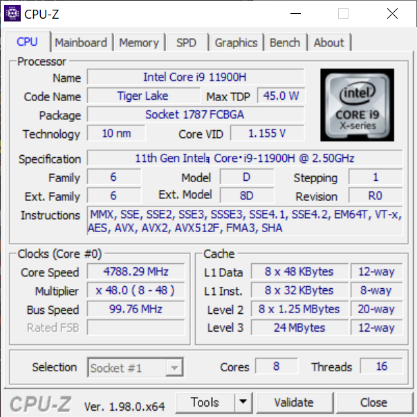 CPUは8コア/16スレッドのCore i9-11900H。型番末尾に「H」が付くTDP45Wの高性能モバイル向けSKUで、ブースト時の最大動作クロックは4.9GHz