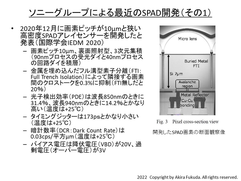 ソニーグループによる最近のSPAD開発(その1)。2020年12月に画素ピッチが10μmと短いSPADアレイセンサー技術を国際学会IEDM2020で発表