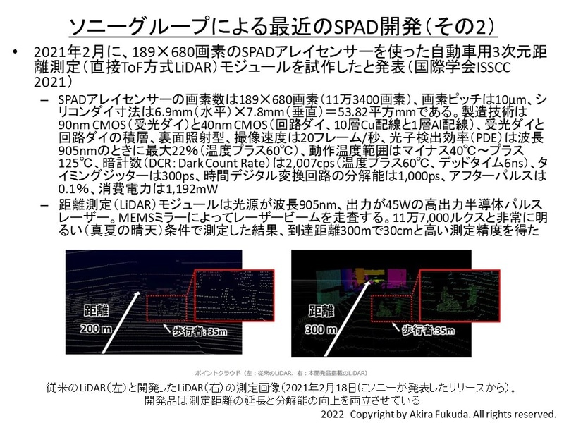 ソニーグループによる最近のSPAD開発(その2)。2021年2月に画素ピッチが10μmのSPADアレイセンサーを内蔵する車載用深さ(3次元距離)測定センサーモジュールを試作し、国際学会ISSCC2021でその概要を発表