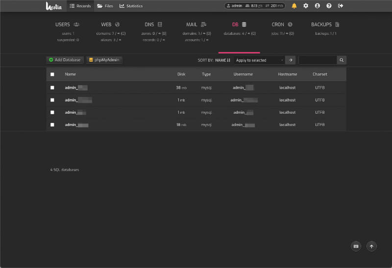 Hestia / DB(MySQL/MariaDB + phpMyAdmin、PostgreSQL + phpPgAdminが利用できる)