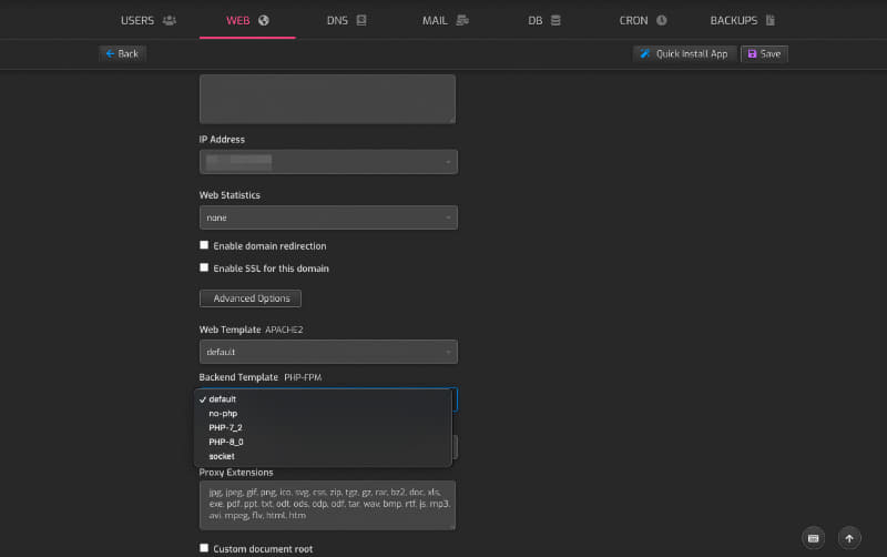 Hestia / WEBの設定でインストールしたphpのversionが選べる